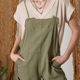 Spaghetti Tie Strap Overall Shorts - Olive