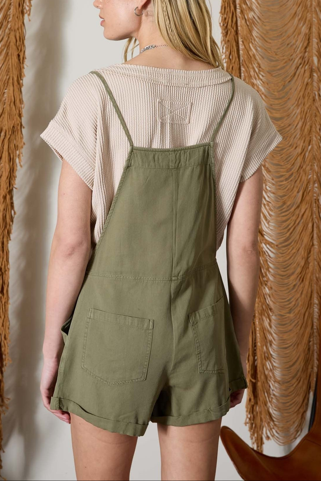 Spaghetti Tie Strap Overall Shorts - Olive