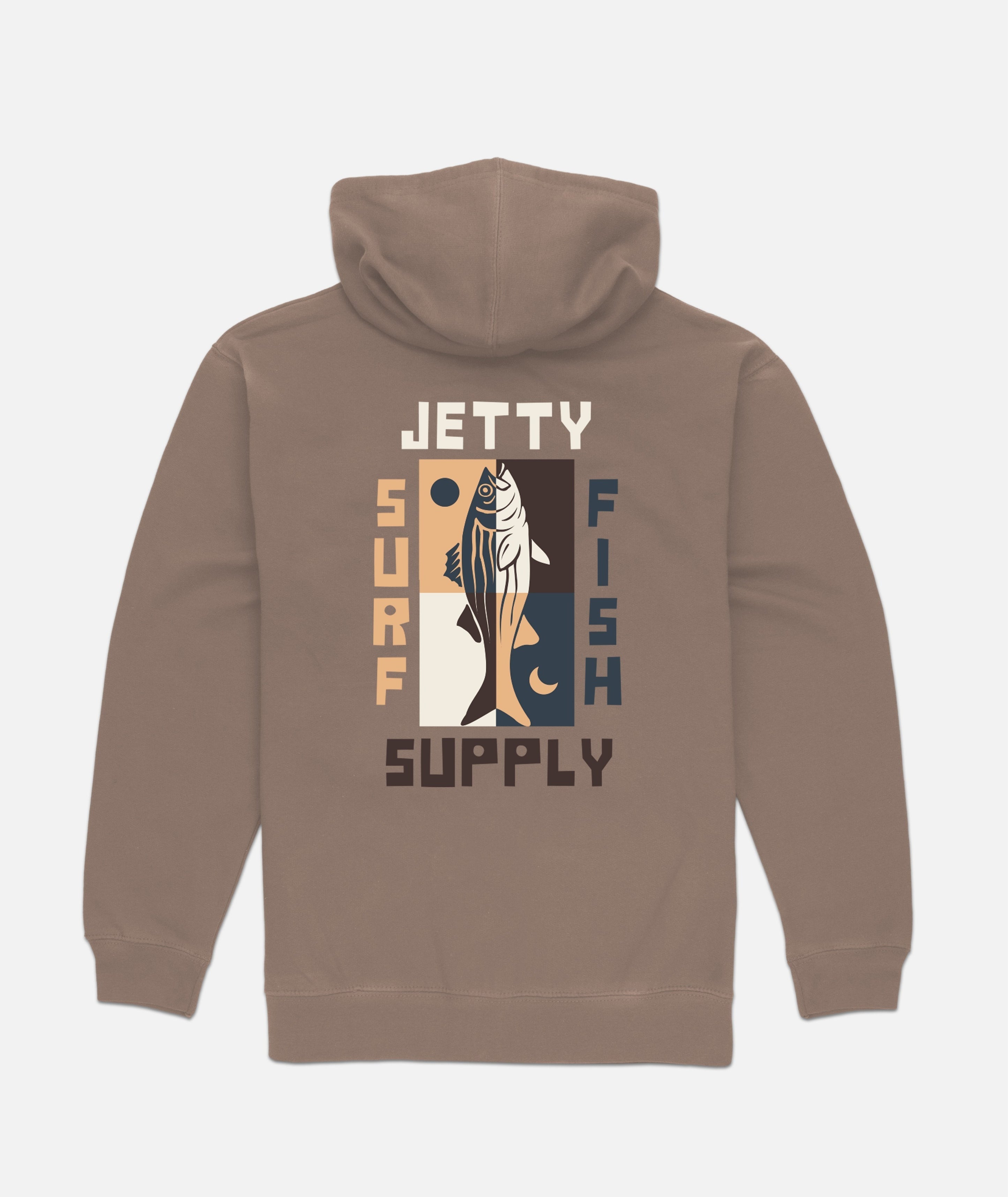 Brown hoodie with 'Jetty Surf Fish Supply' graphic on the back against a white background