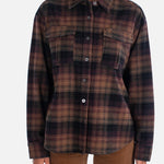 Woman wearing a plaid shirt on a white background