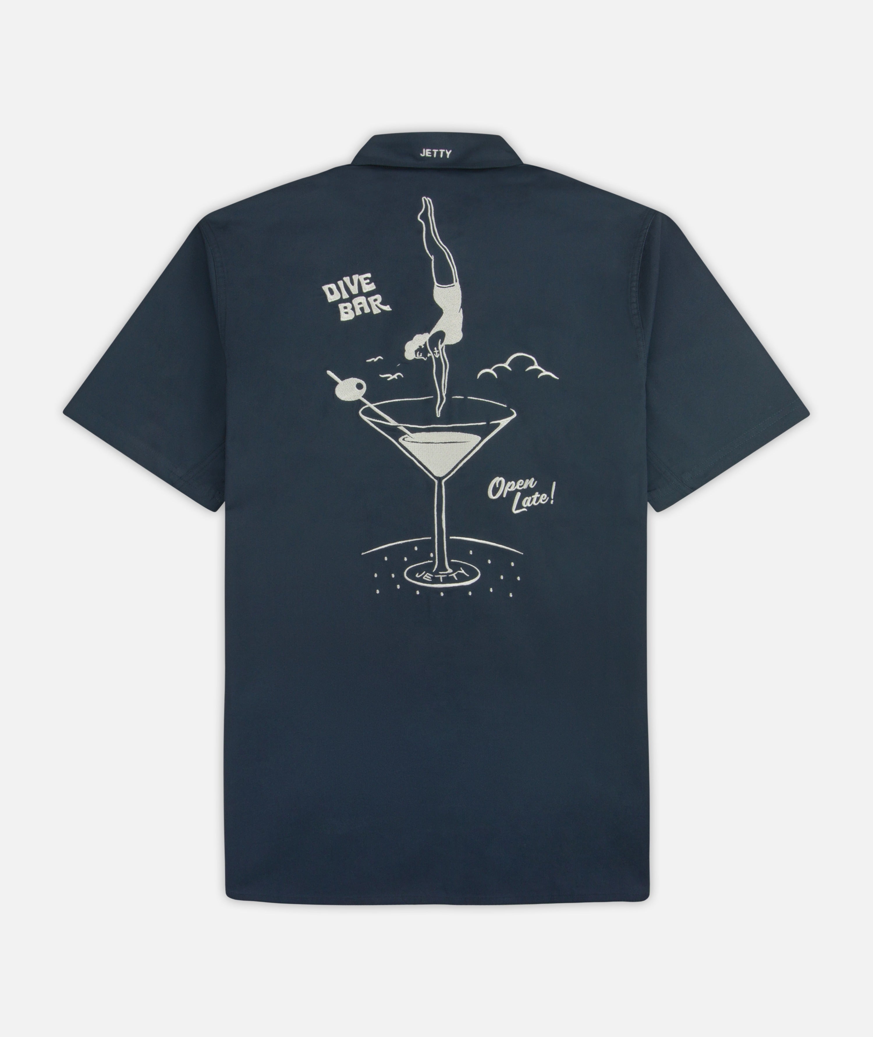 Jetty Maris Embroidered Shirt in Navy - back view with Dive Bar embroidered graphic