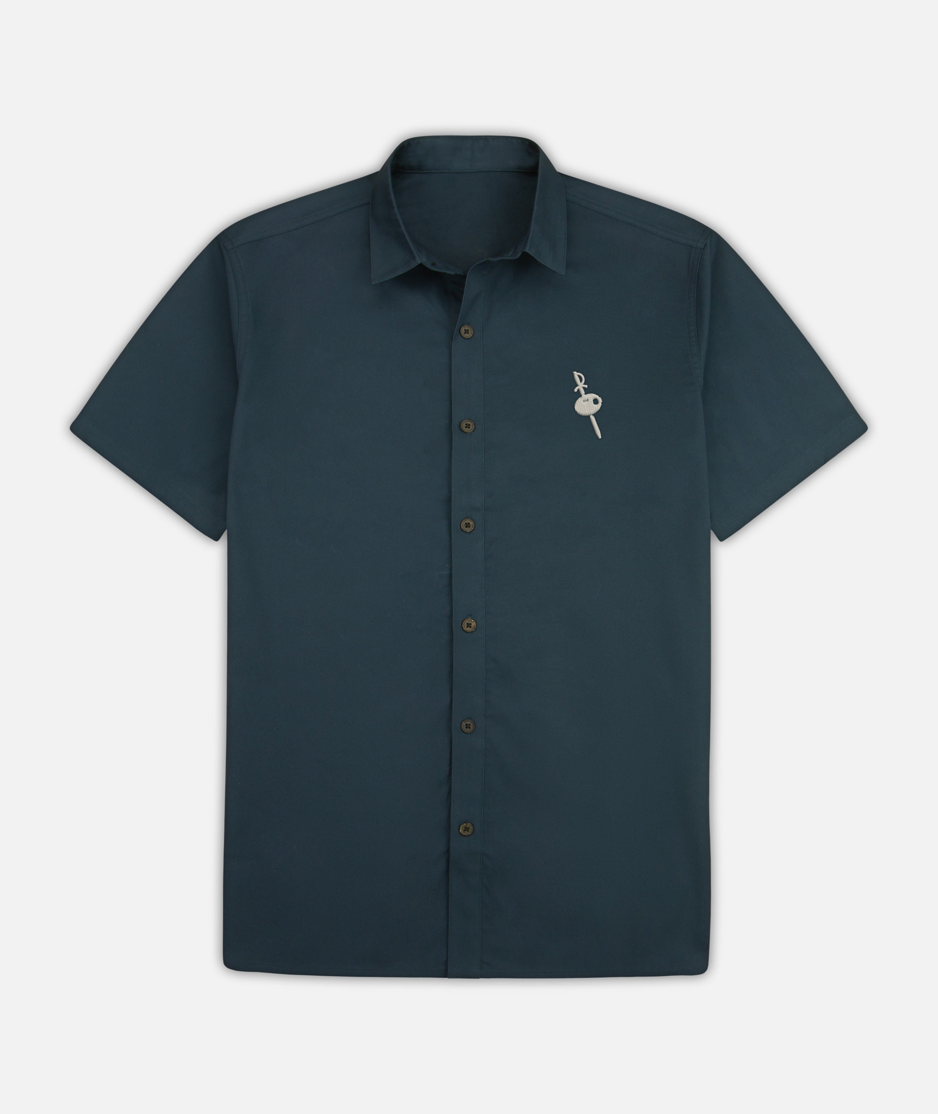 Jetty Maris Embroidered Shirt in Navy - front view with embroidered olive skewer detail