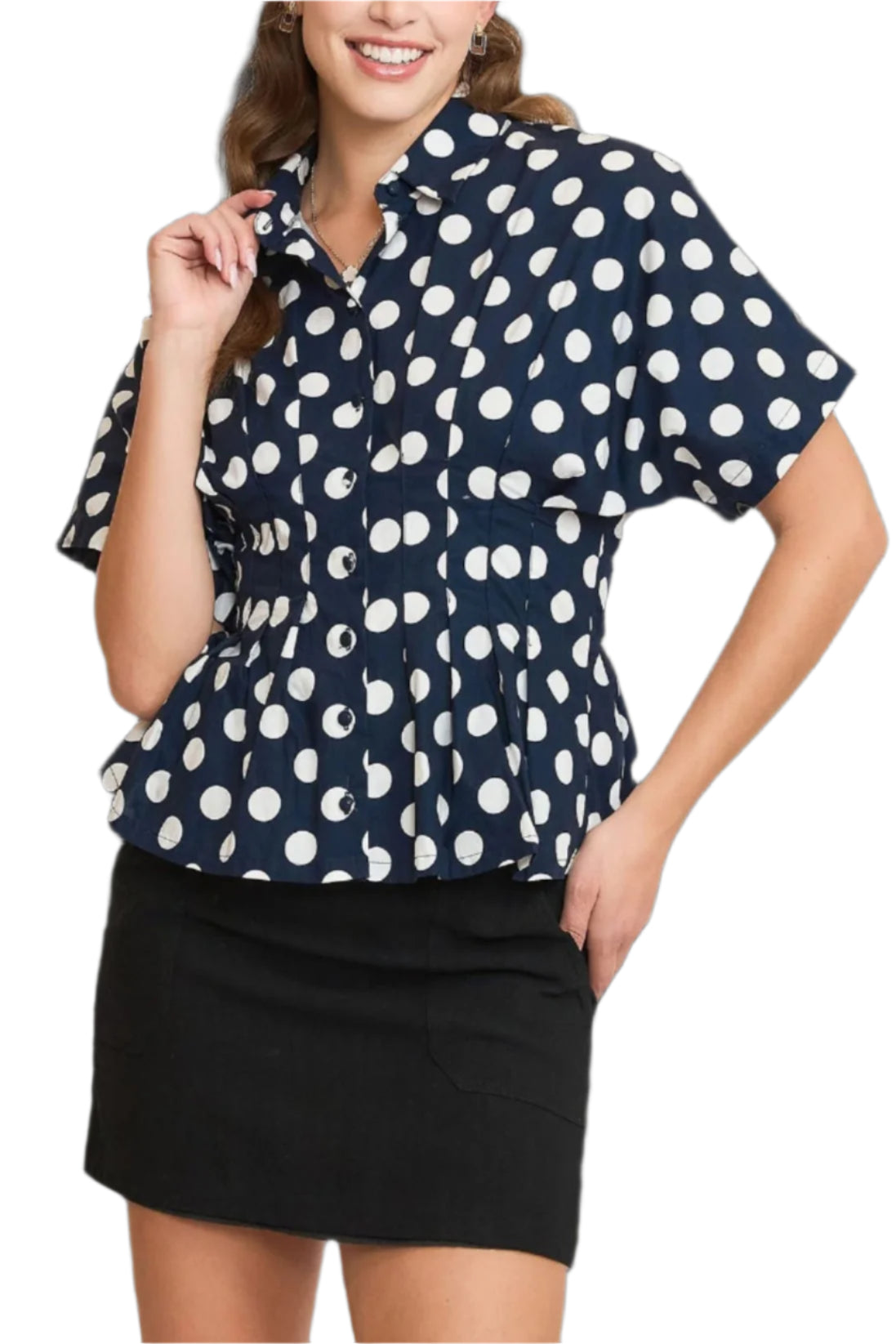 Woman wearing a navy blue blouse with white polka dots and a black skirt on a transparent background