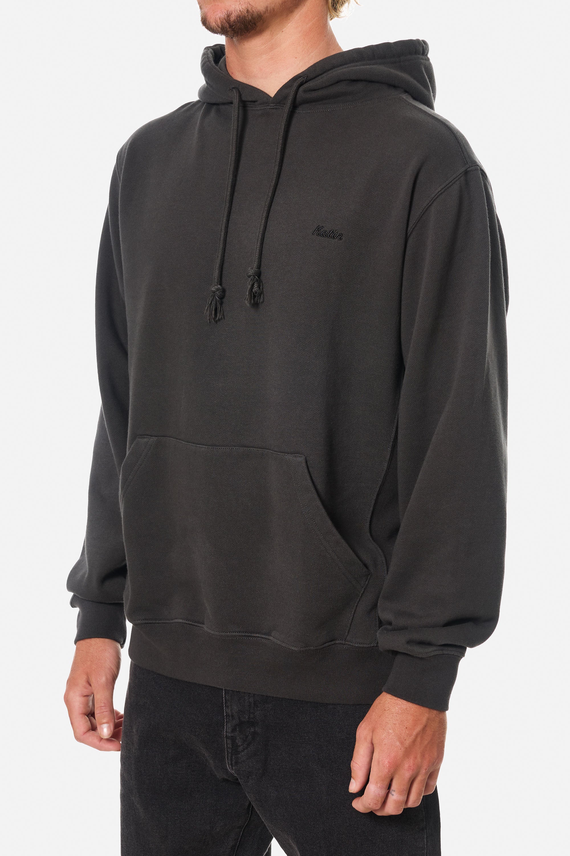 Katin Embroidered Hoodie Black Wash - on model side