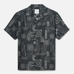Black short-sleeve shirt with white abstract pattern on a white background