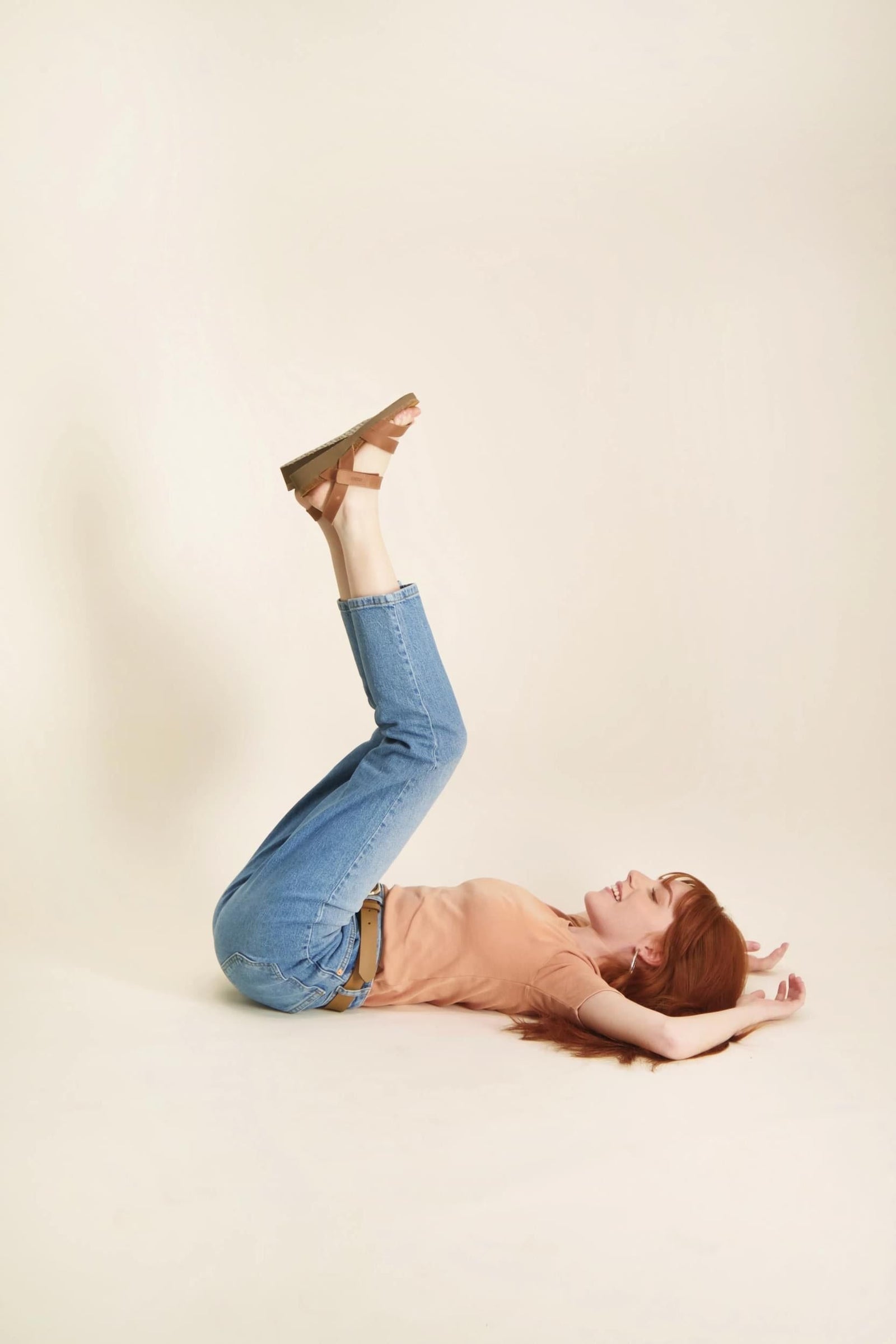 Naot Kayla sandal in Latte Brown Leather worn with jeans