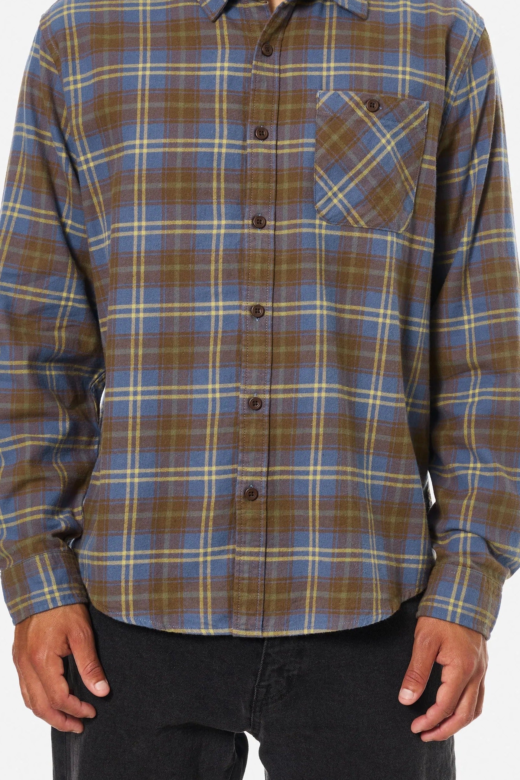 Katin Derek Flannel in Washed Blue, front on model