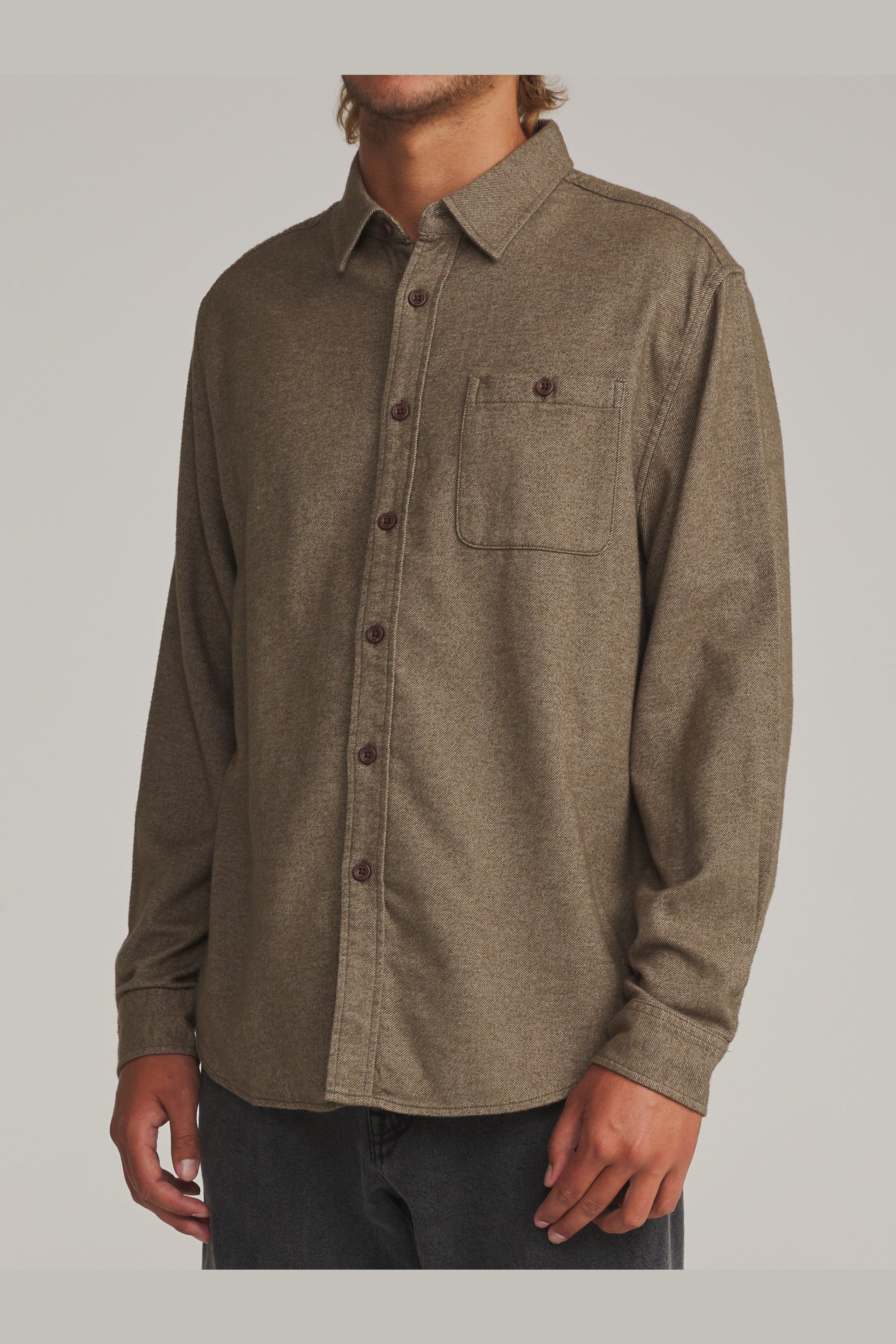 Katin Twiller Flannel Vintage Khaki - on model side