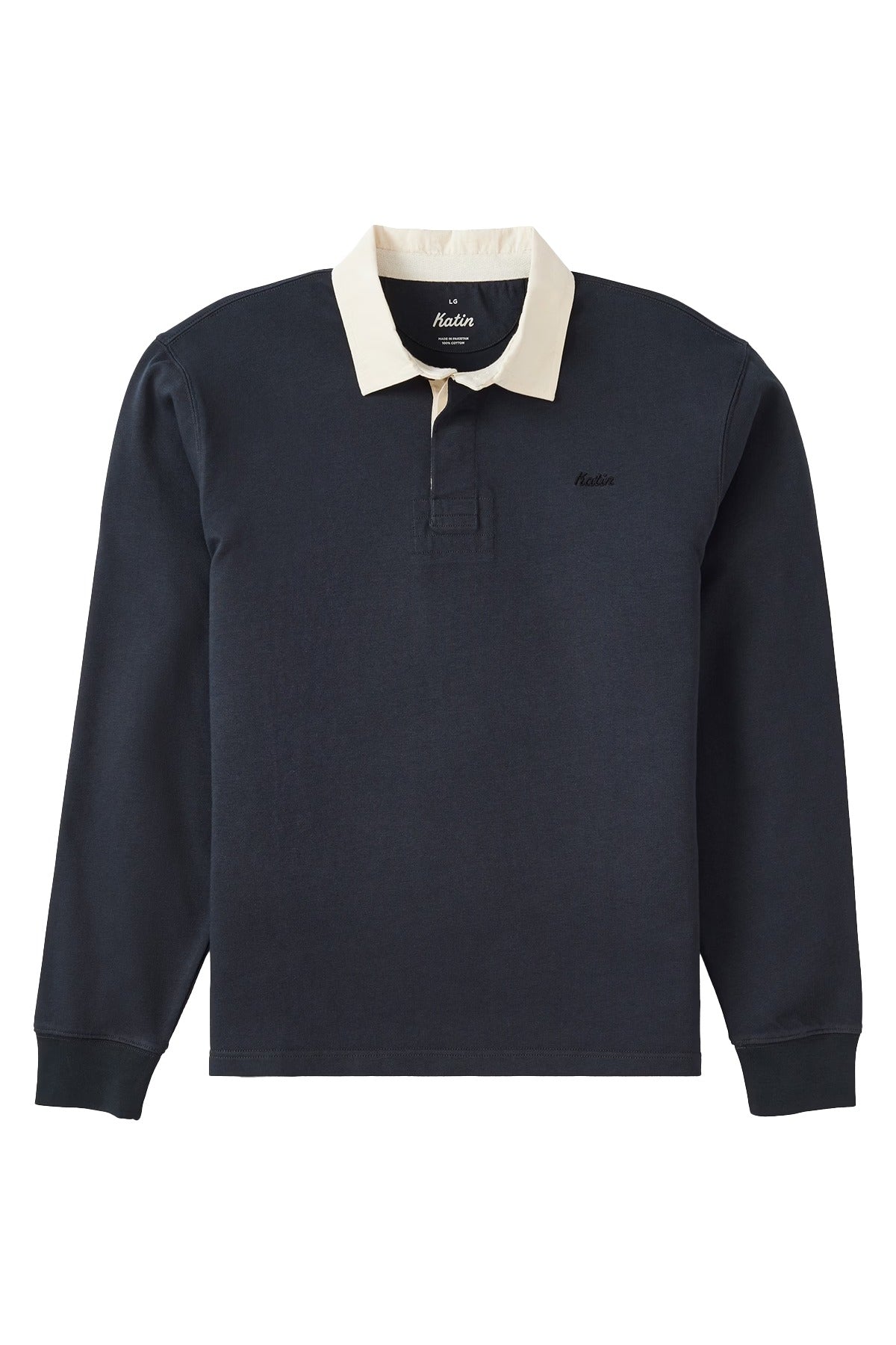Katin Ronan Polo in Navy Vintage Wash, long sleeve heavyweight cotton rugby polo with natural canvas collar, front view