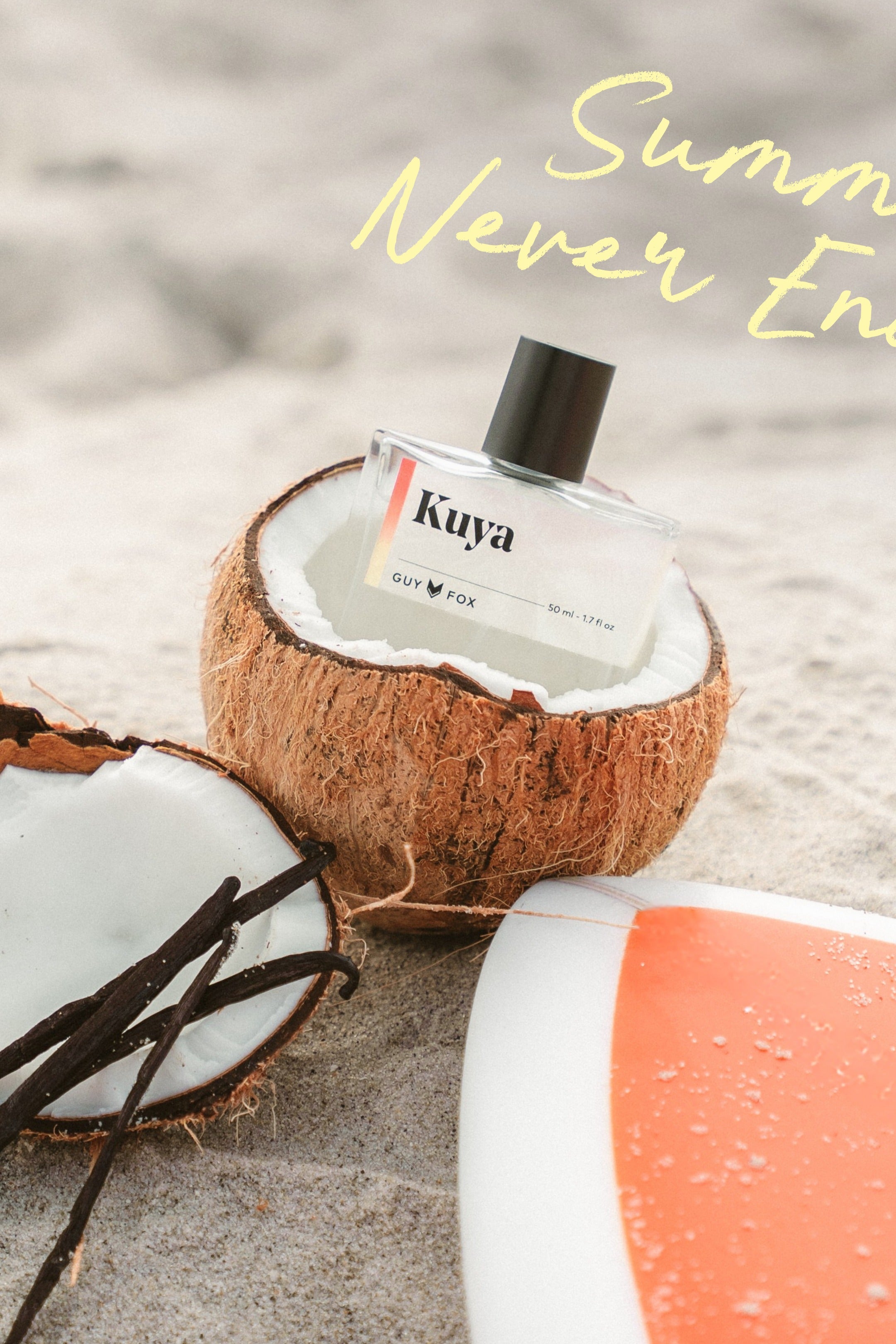 Kuya cologne bottle in a coconut on the beach