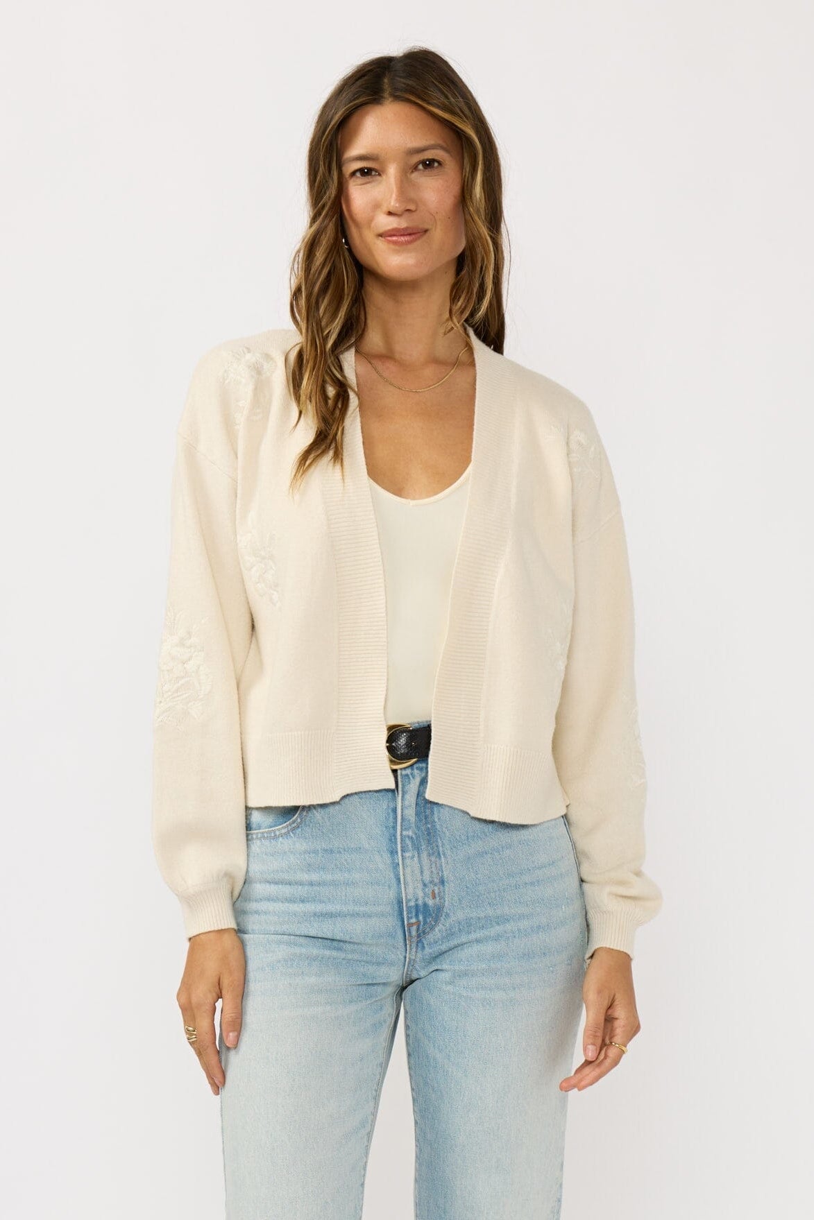 Brinley Embroidered Cardigan in Ivory, front view