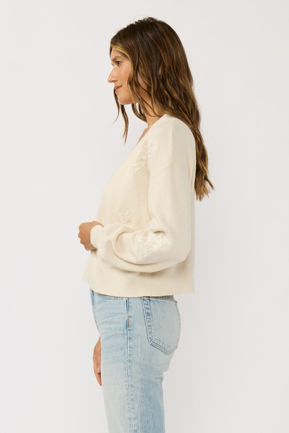 Brinley Embroidered Cardigan in Ivory, open front layered over a tank
