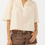Half-Button Gathered Yoke Ruffle Blouse