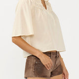 Half-Button Gathered Yoke Ruffle Blouse