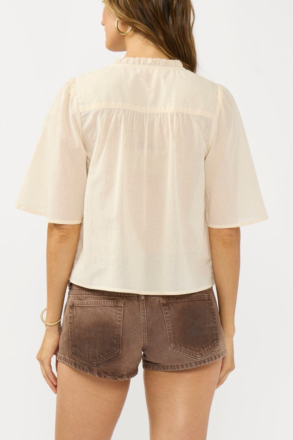 Half-Button Gathered Yoke Ruffle Blouse