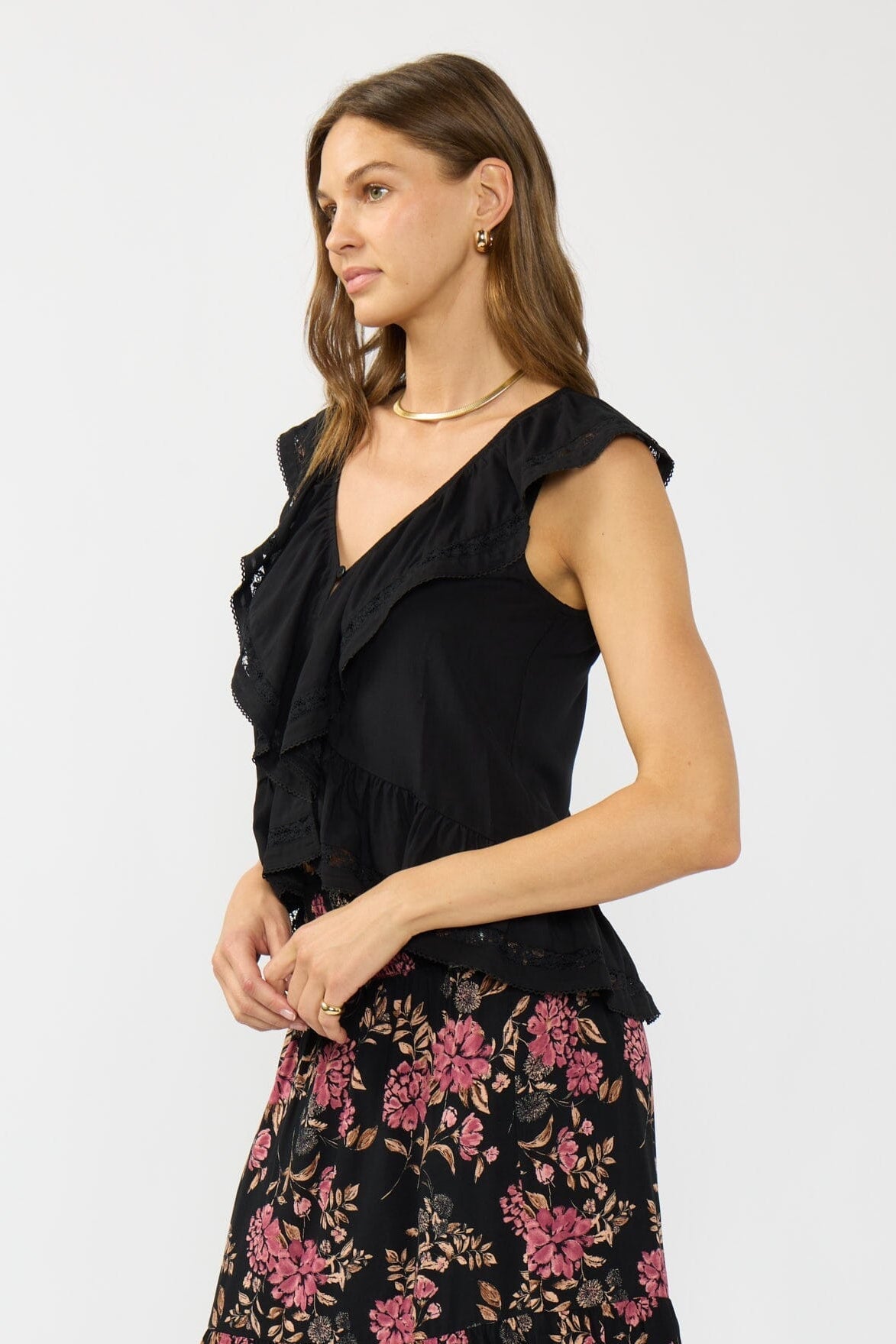 Ally Lace Top in Black, lace trim detail