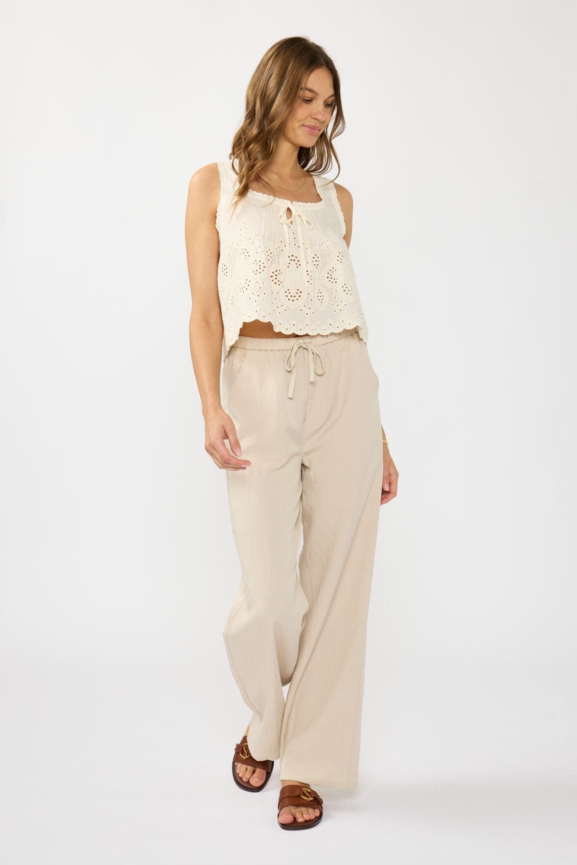 Amelia Eyelet Tank Top in Cream/Natural, eyelet and pintuck detail