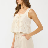 Amelia Eyelet Tank Top in Cream/Natural, styled with denim