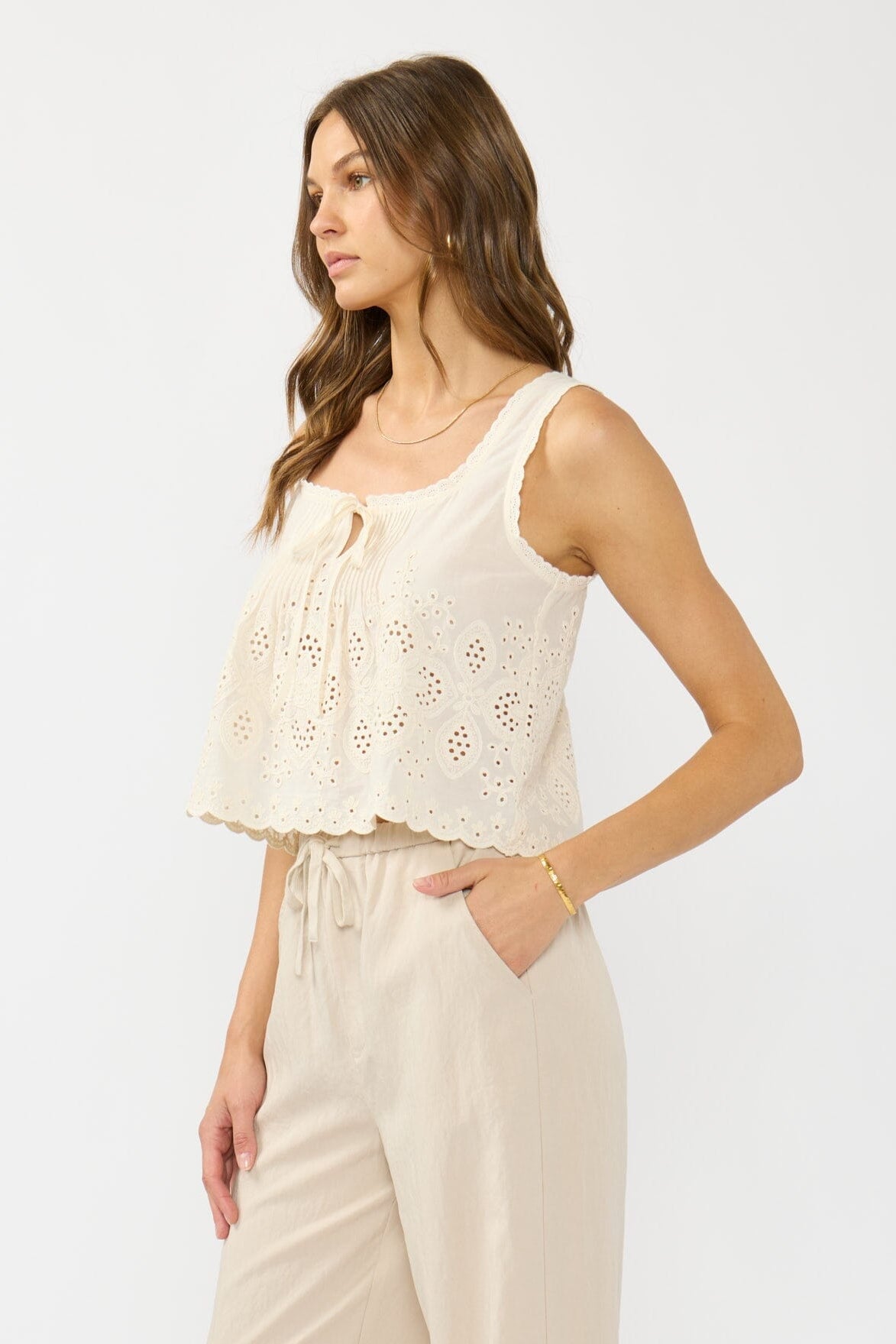 Amelia Eyelet Tank Top in Cream/Natural, styled with denim