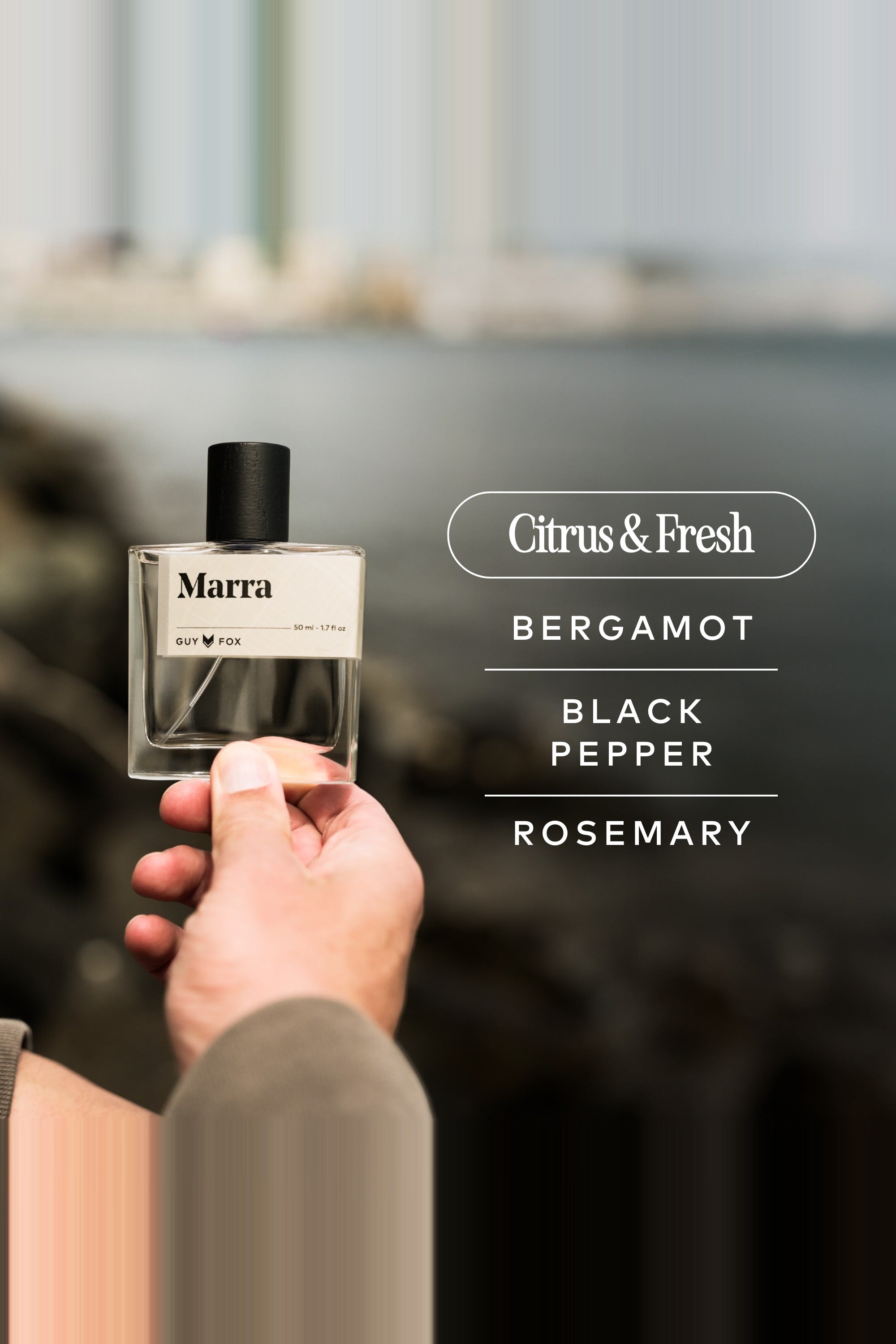 Guy Fox Marra scent notes: citrus and fresh, bergamot, black pepper, rosemary
