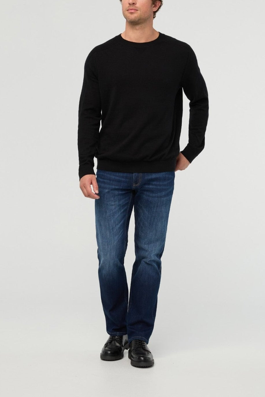 DUER Performance Denim+ Straight in Heritage Indigo, front view on model