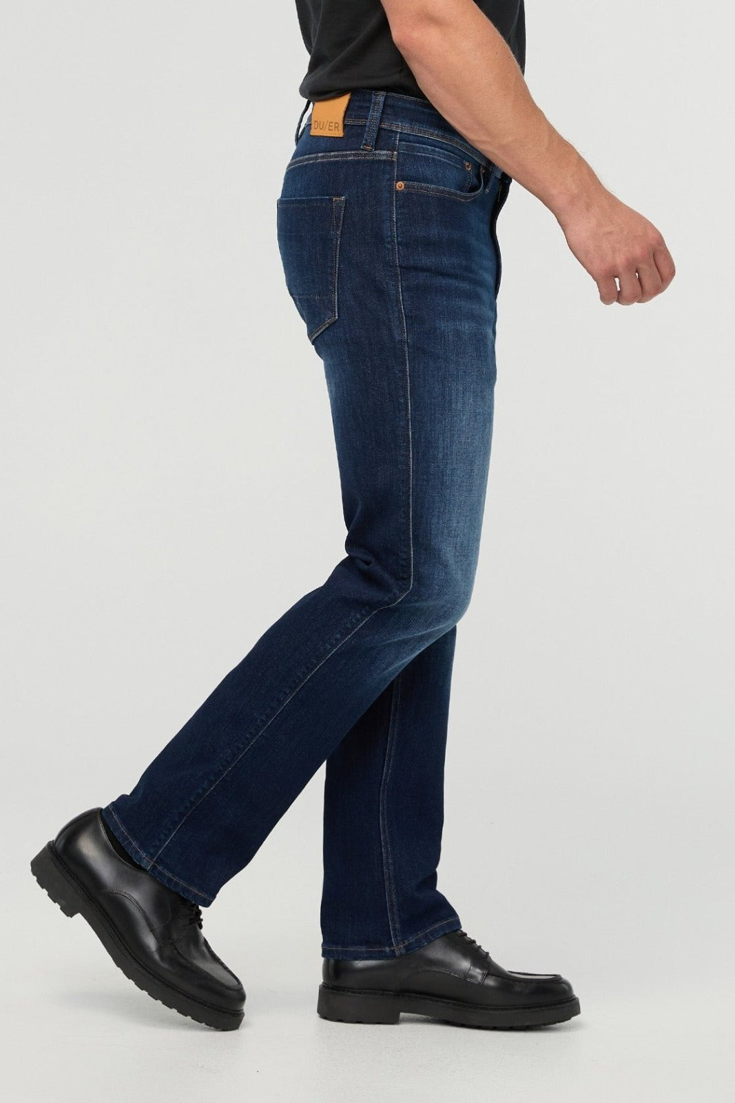 DUER Performance Denim+ Straight in Heritage Indigo, side view