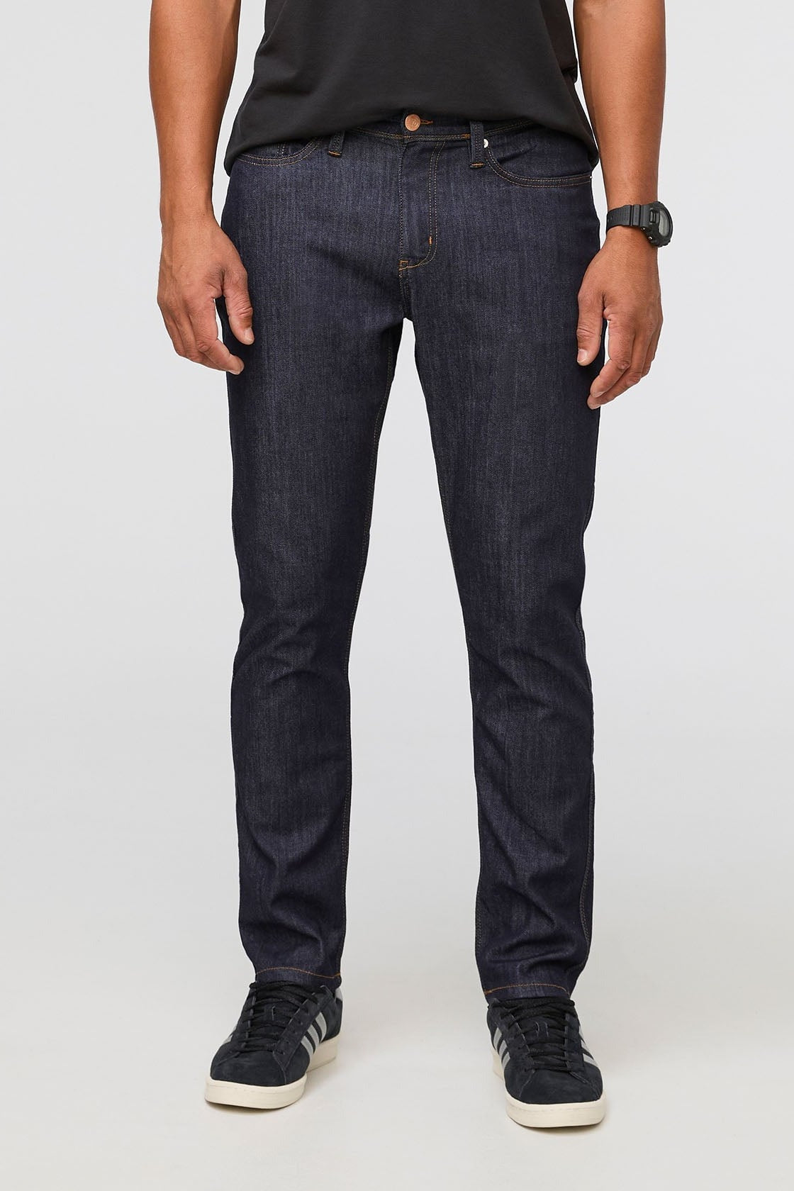 DUER Performance Denim Athletic Taper in Heritage Rinse, front