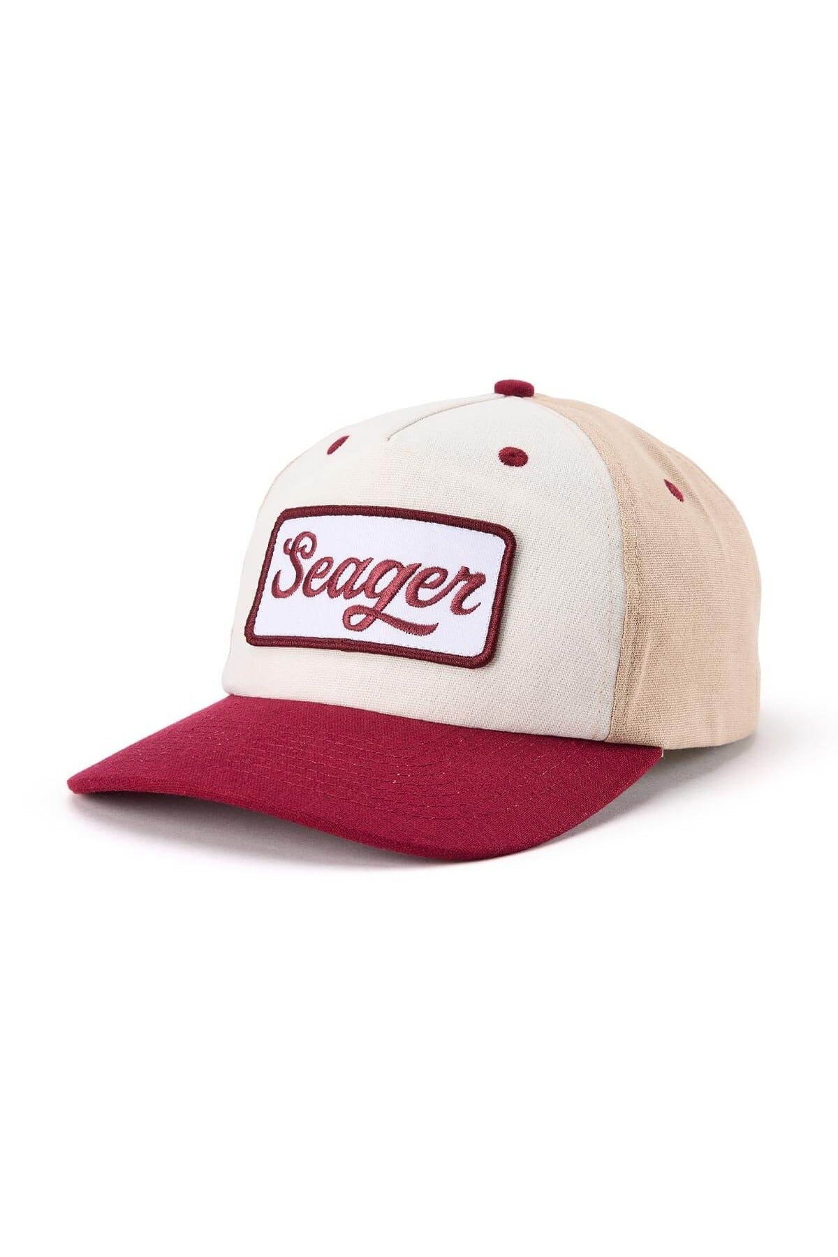 Seager Uncle Bill Hemp Snapback in tan and cream, front view