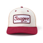 Seager Uncle Bill Hemp Snapback in tan and cream, angled view