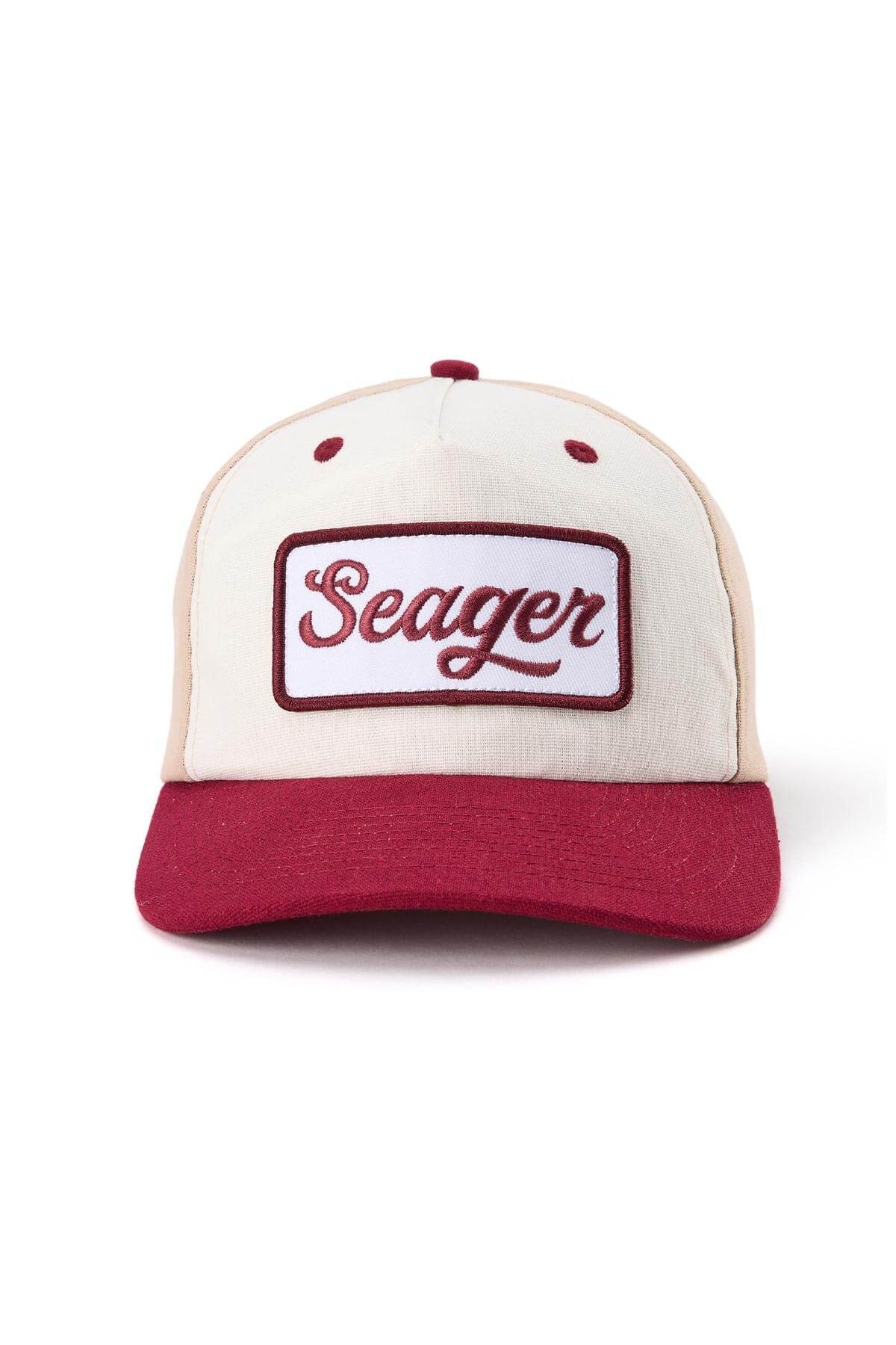 Seager Uncle Bill Hemp Snapback in tan and cream, angled view
