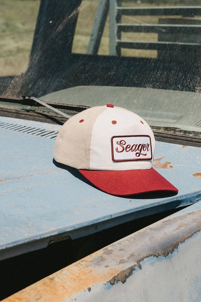 Seager Uncle Bill Hemp Snapback in tan and cream, lifestyle shot