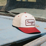 Seager Uncle Bill Hemp Snapback in tan and cream, lifestyle shot