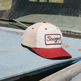 Seager Uncle Bill Hemp Snapback in tan and cream, lifestyle shot