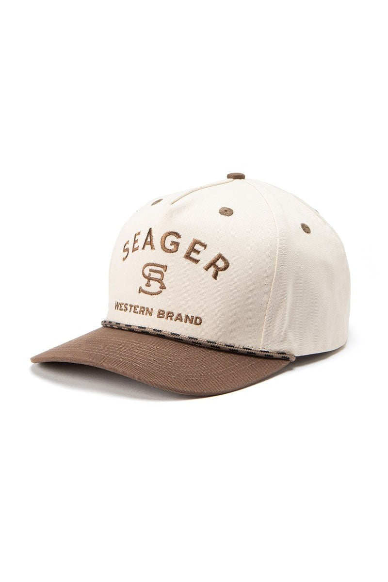 Seager Branded Snapback in cream and brown, front view