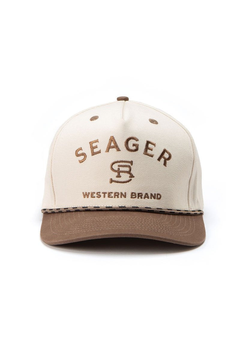 Seager Branded Snapback in cream and brown, angled view