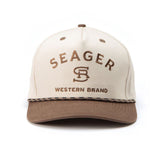 Seager Branded Snapback in cream and brown, angled view