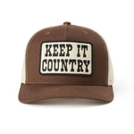 Seager Keep It Country Trucker in brown and cream, angled view