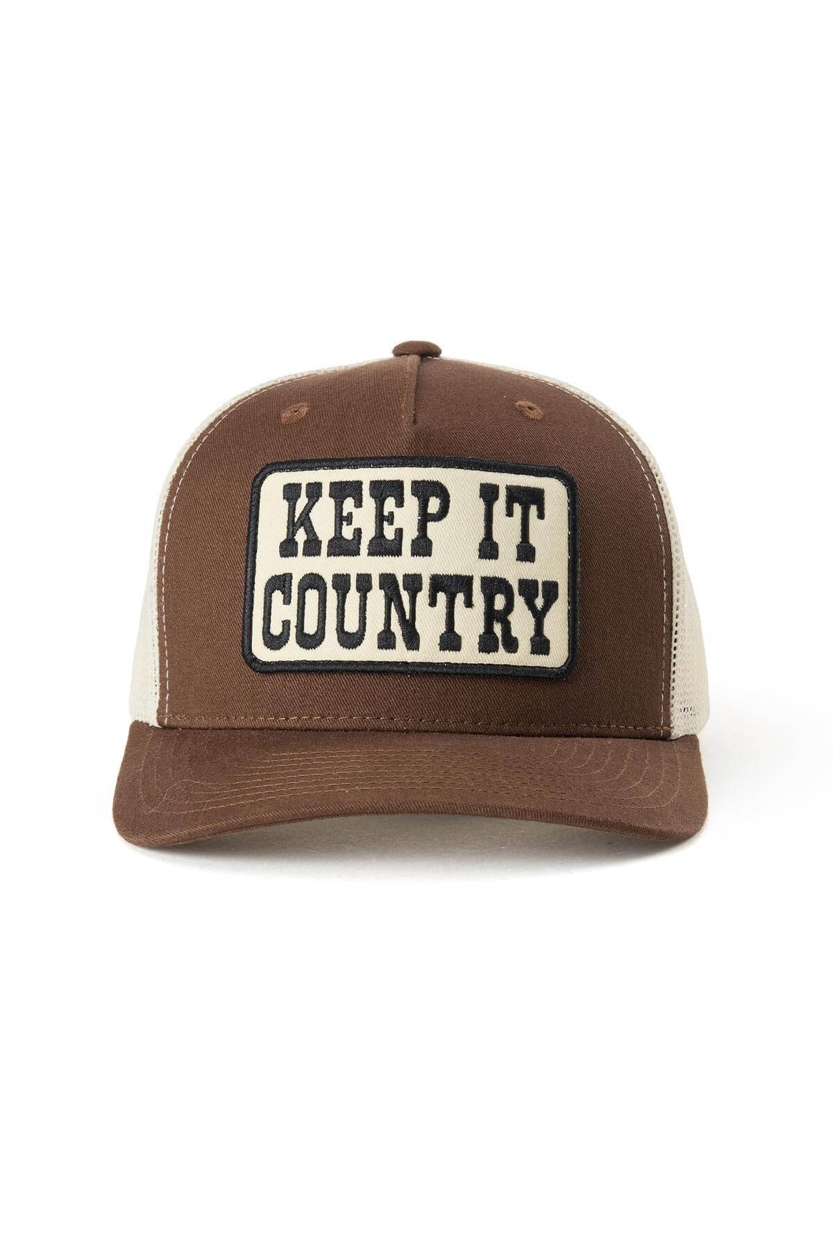 Seager Keep It Country Trucker in brown and cream, angled view