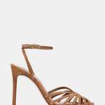Steve Madden Mizuna strappy stiletto heel in tan suede, front view