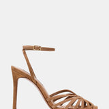 Steve Madden Mizuna strappy stiletto heel in tan suede, front view