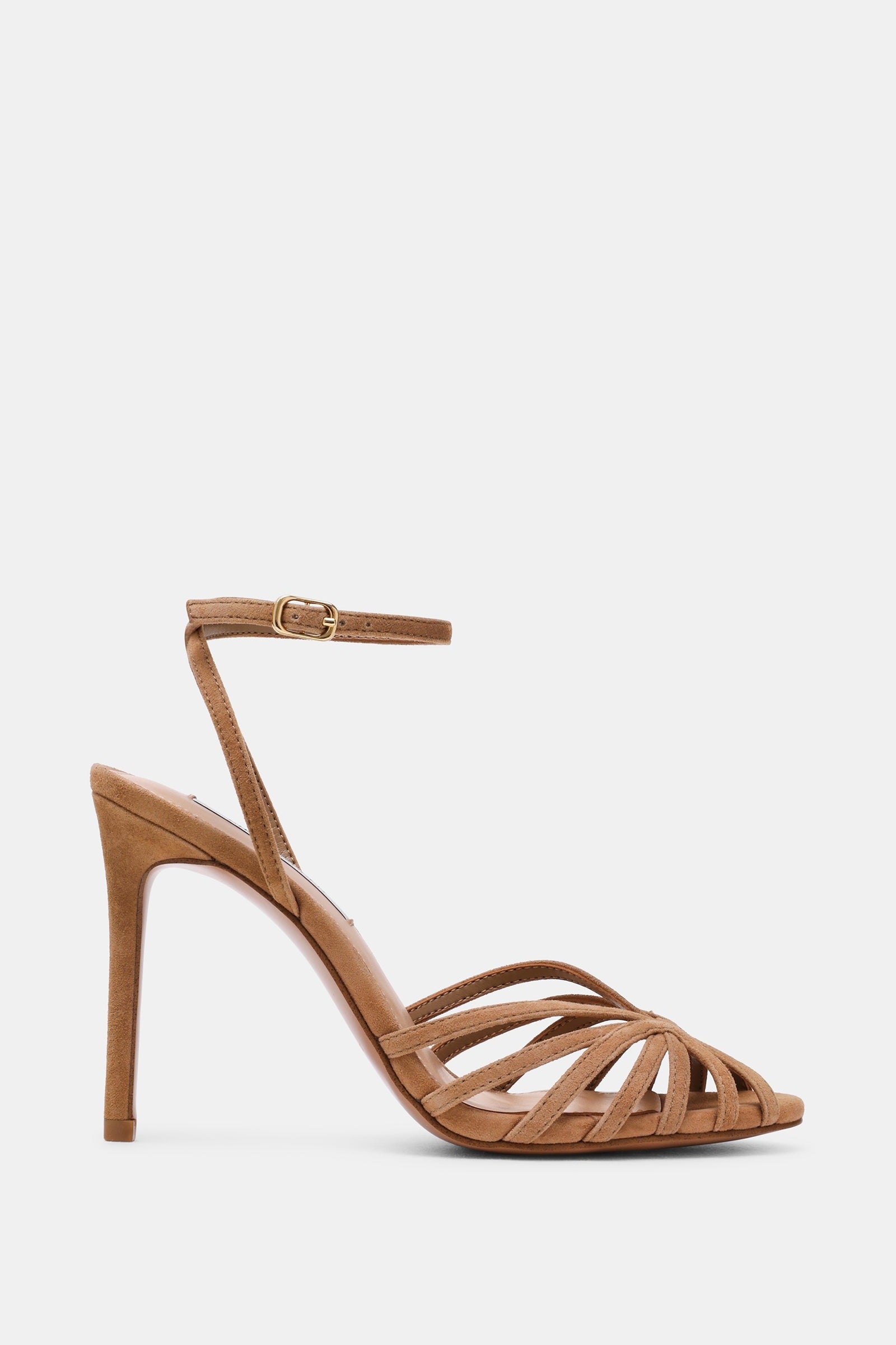 Steve Madden Mizuna strappy stiletto heel in tan suede, front view