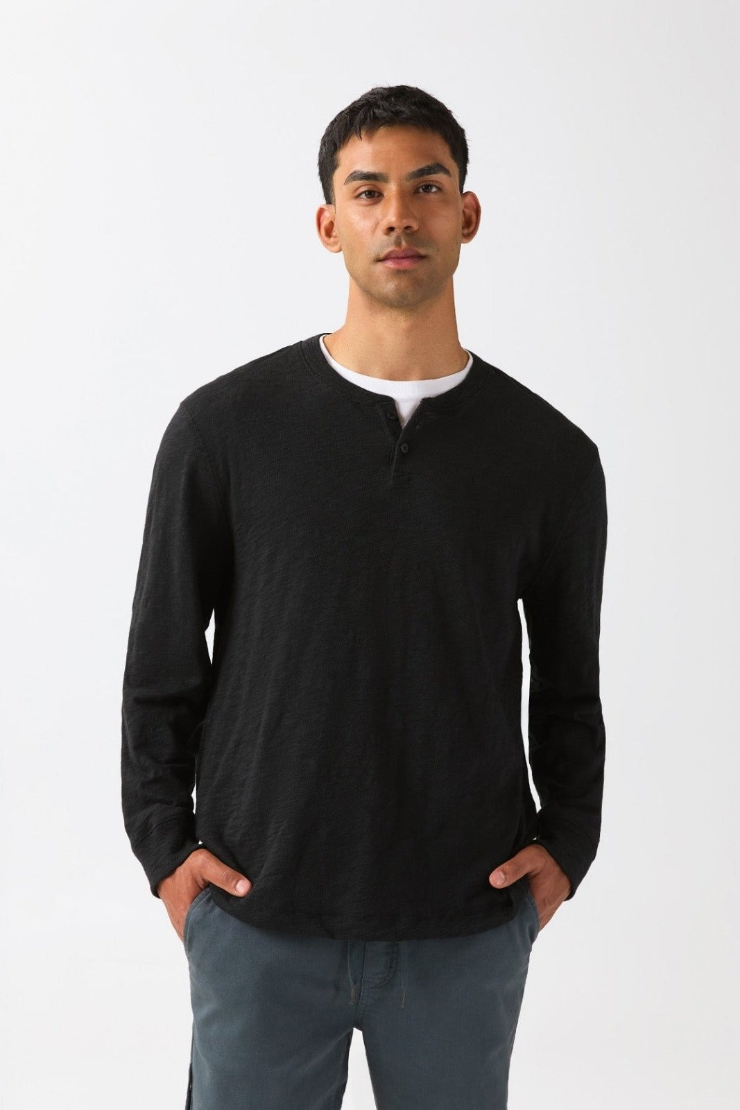 Midweight Slub Jersey Long Sleeve Henley - Black