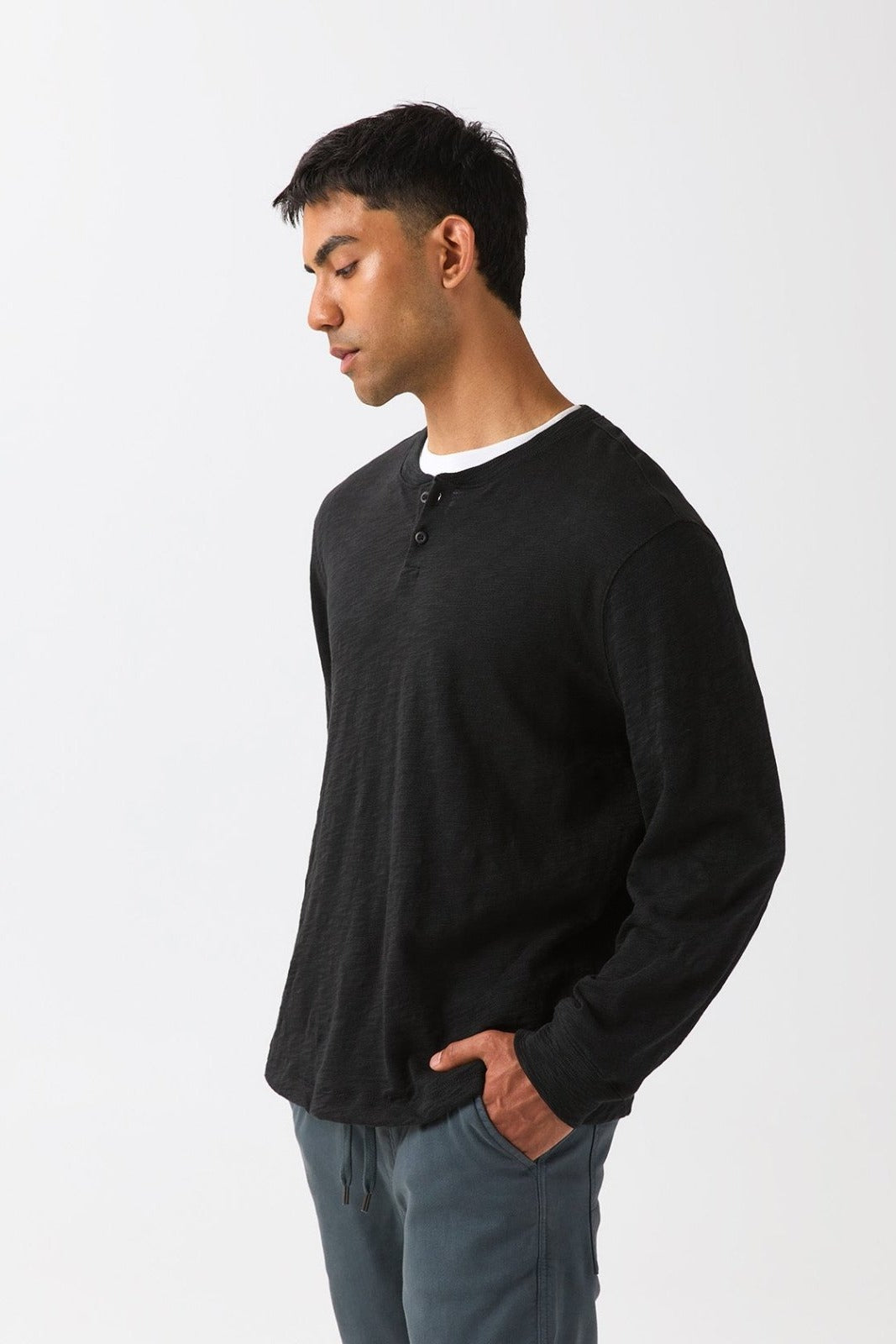 Midweight Slub Jersey Long Sleeve Henley - Black