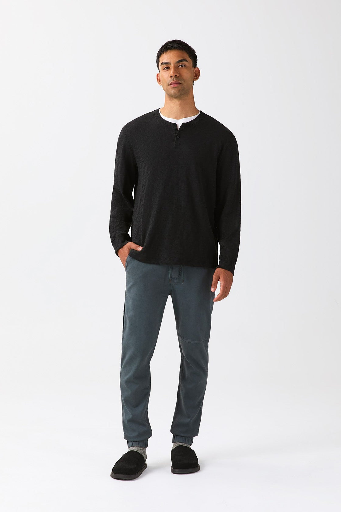 Midweight Slub Jersey Long Sleeve Henley - Black