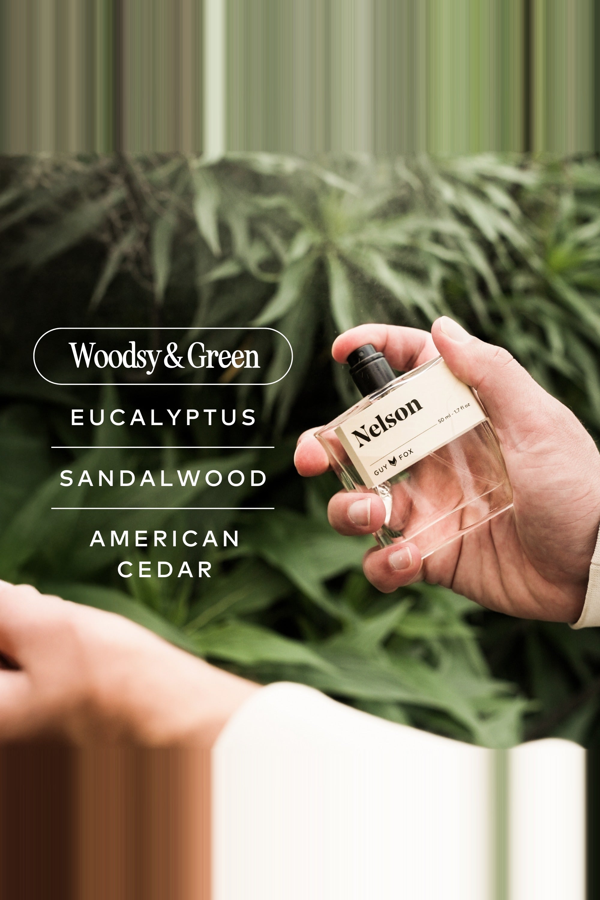 Guy Fox Nelson scent notes: woodsy and green, eucalyptus, sandalwood, American cedar