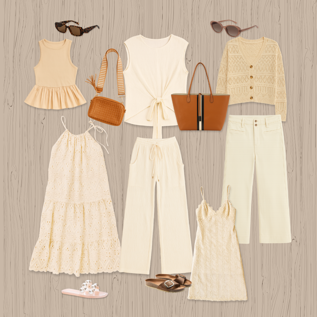 Collection of clothing and accessories on a wooden surface