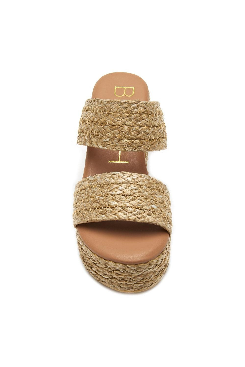 Matisse Ocean Ave Platform Sandal in cognac — detail of braided raffia texture and padded insole