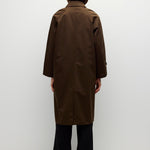 Brown midi trench coat, back view with back slit