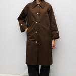 Cotton blend midi trench coat in brown, buttoned front view