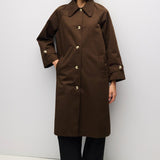 Cotton blend midi trench coat in brown, buttoned front view